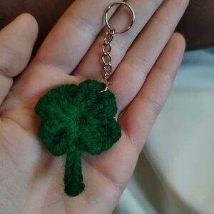 Handmade Crochet Four-Leaf Clover Keychain - Dark Green
